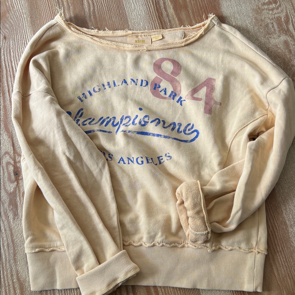 Maeve Light Yellow Pullover with Blue Script and Pink '84 Accent - Picture 2 of 3